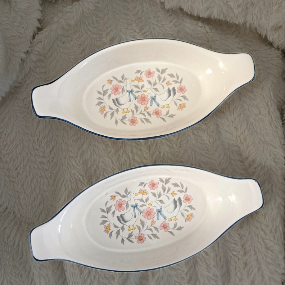 Vintage Stoneware Japan Baking Dish Goose Flowers Set Of Two